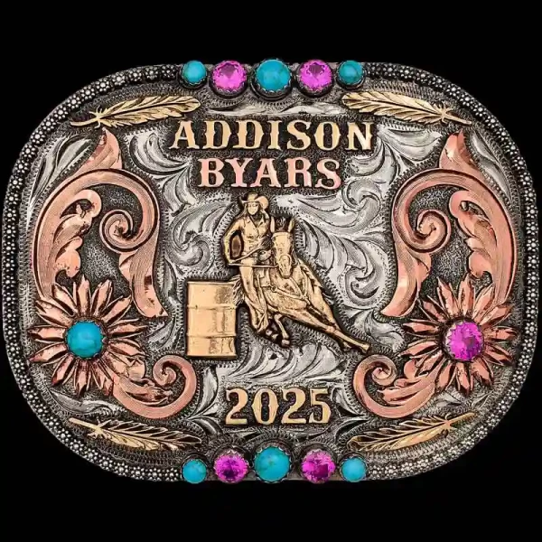 "Being creative is the fun part of designing your buckle.  Our Addison Belt Buckle  on a German Silver base, this three-metal design features intricate Copper scrolls with sunflowers accented with cubic zirconia stones, as well as Jeweler's Bronze le